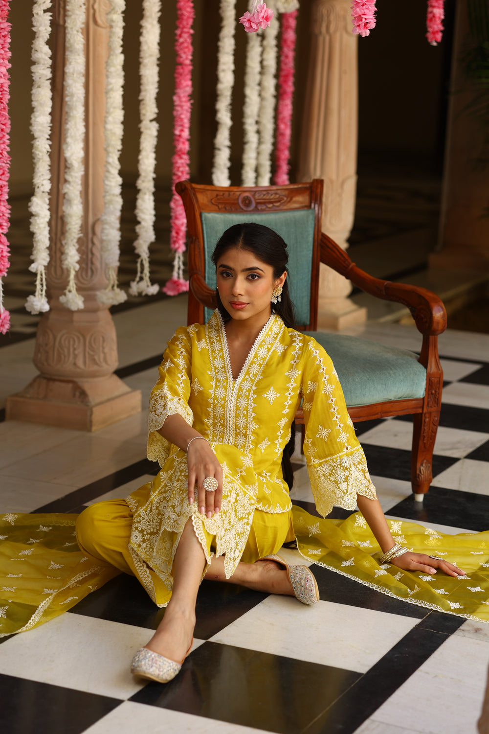 Corn Yellow Chikankari Organza Kurta Set