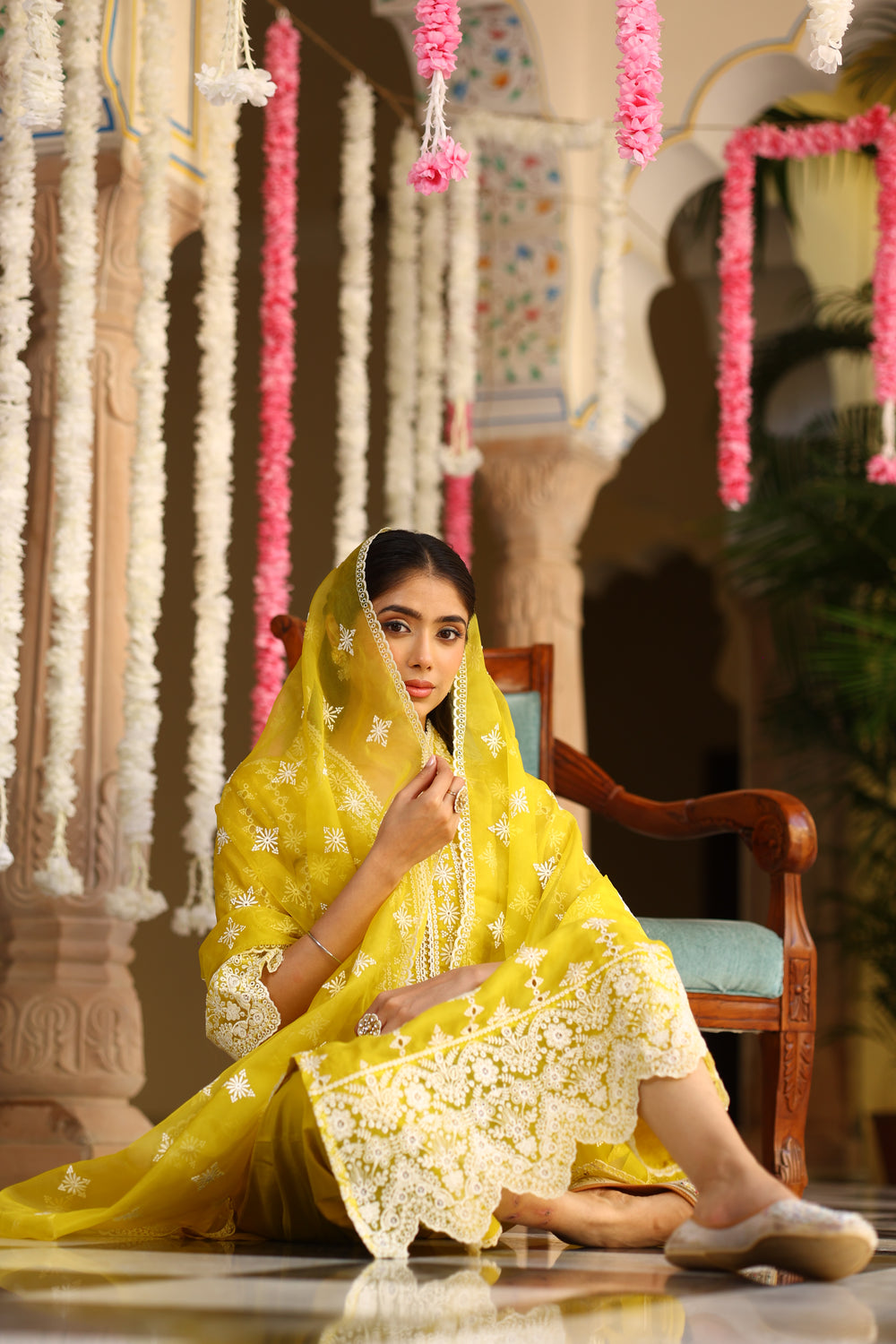 Corn Yellow Chikankari Organza Kurta Set