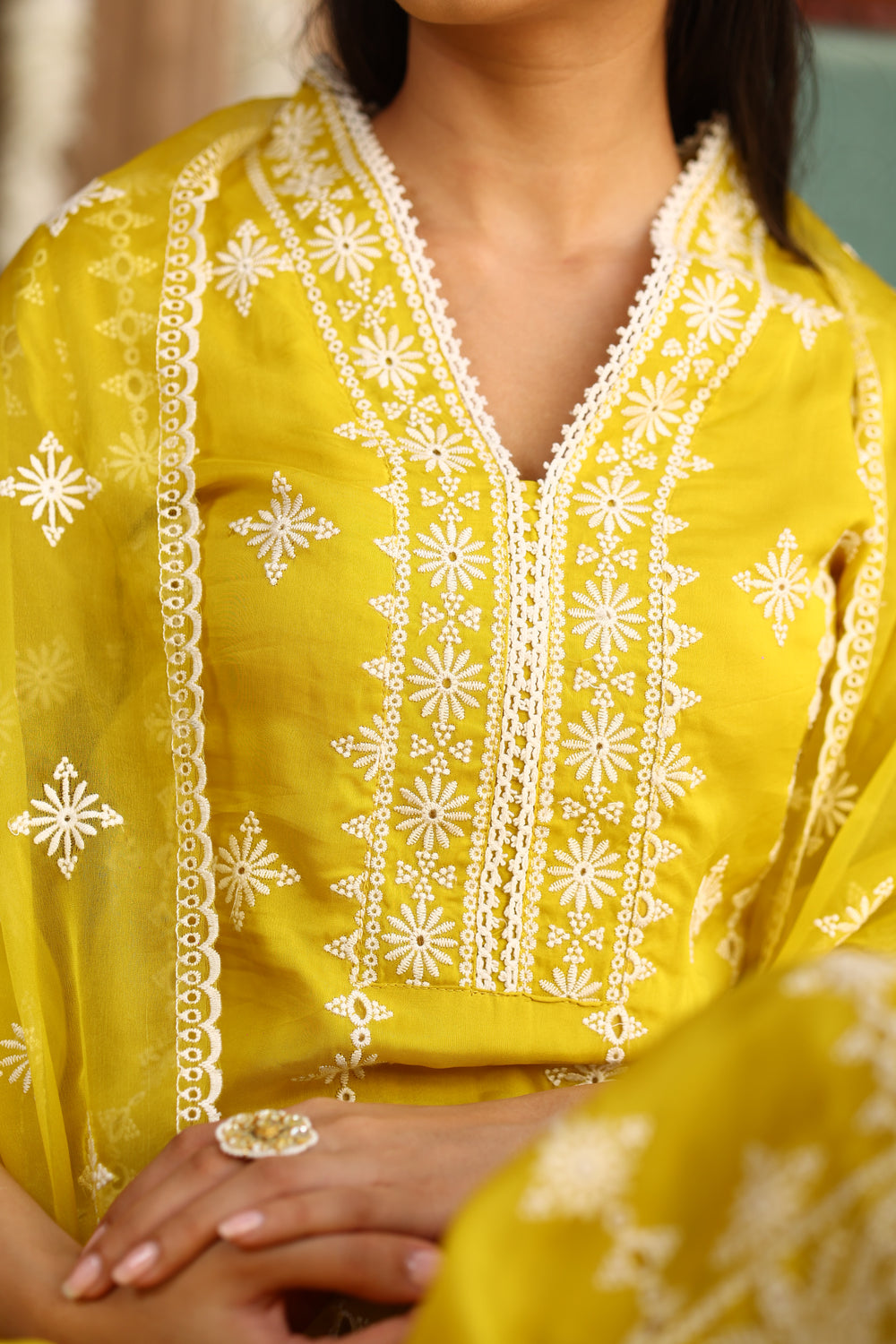 Corn Yellow Chikankari Organza Kurta Set