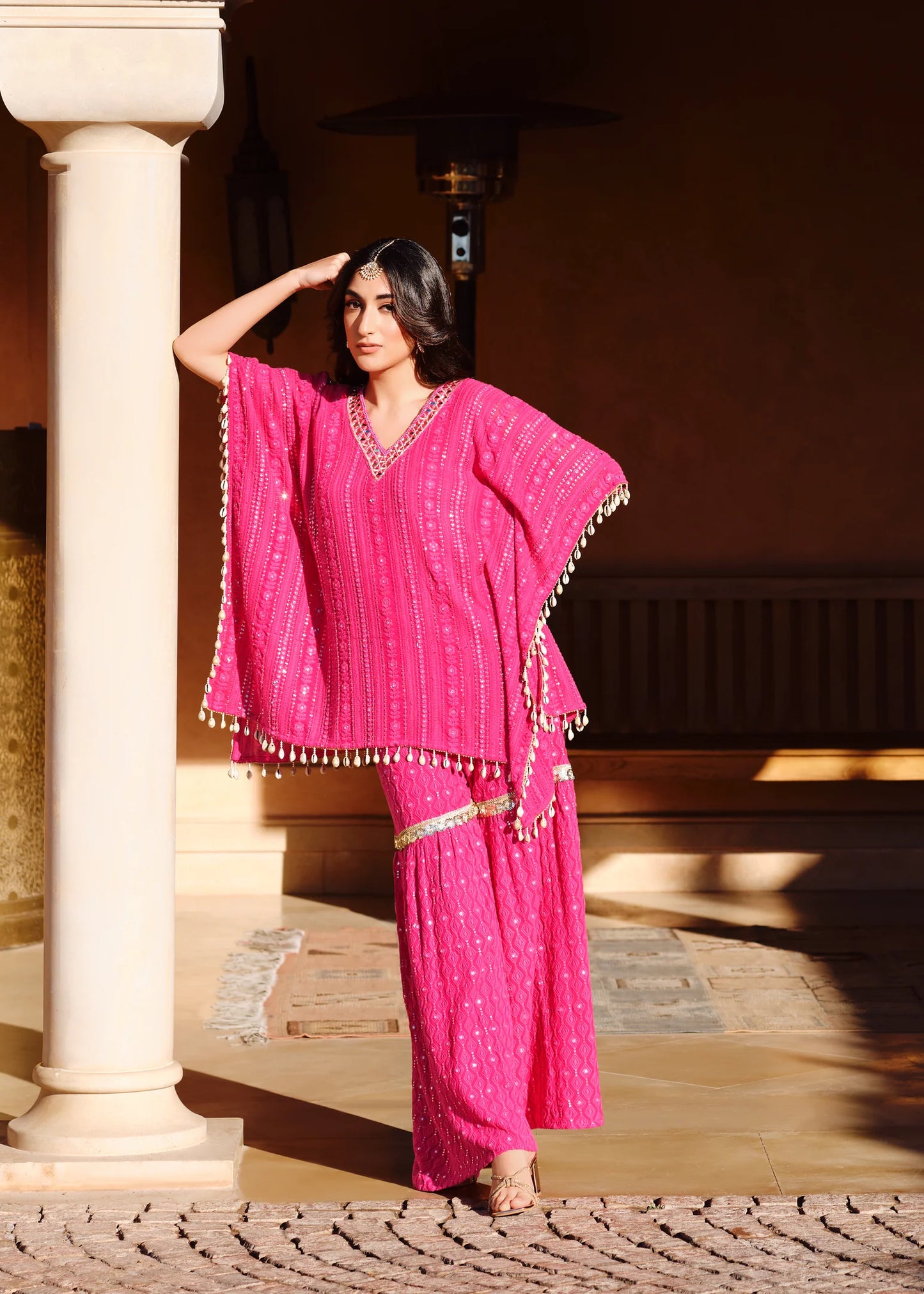 Rani Pink Chikankari Embroidered Georgette Kaftan Set