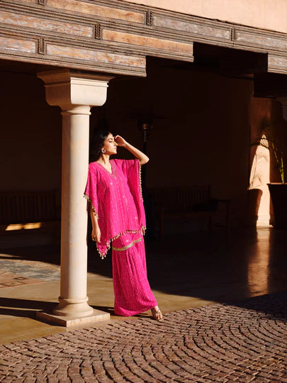 Rani Pink Chikankari Embroidered Georgette Kaftan Set