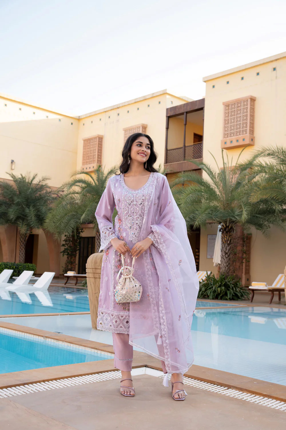 Pink Embroidered Tissue Pants Set