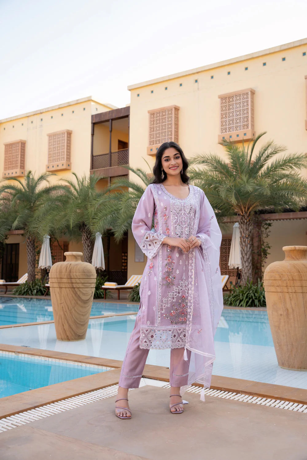 Pink Embroidered Tissue Pants Set