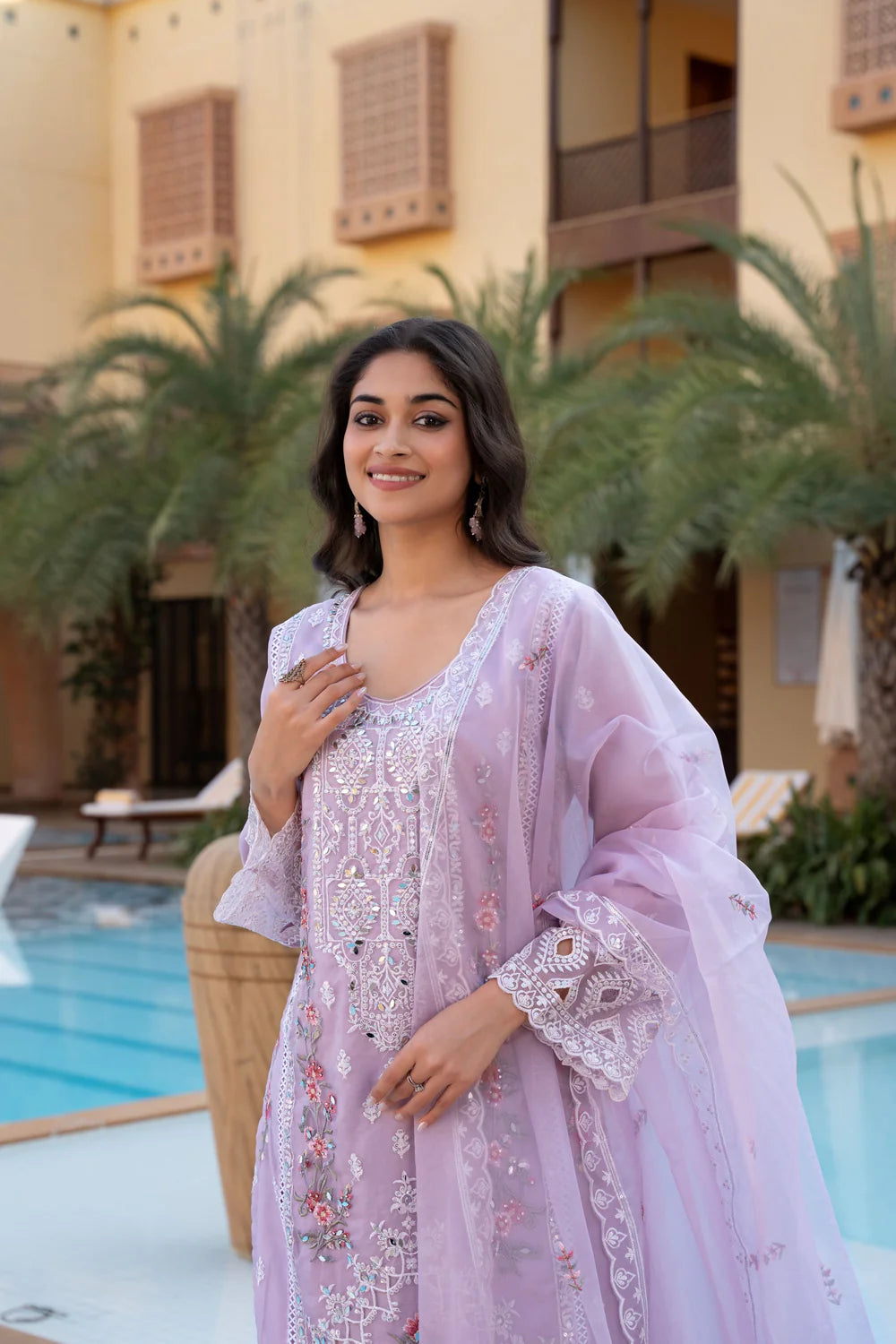 Pink Embroidered Tissue Pants Set