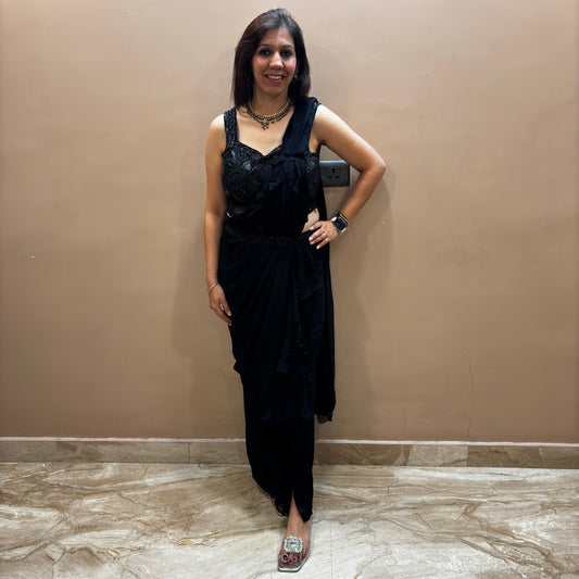 Gazal Black Drape Saree With Side Cut