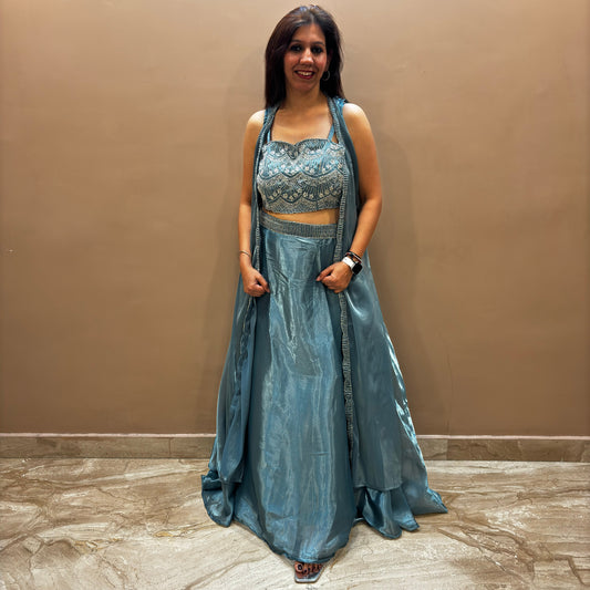 Green Embellished Shimmer Organza Lehenga Cape Set