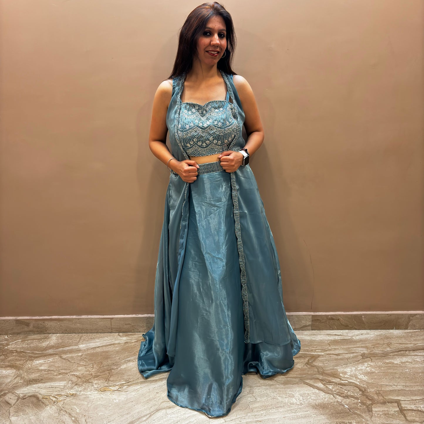 Green Embellished Shimmer Organza Lehenga Cape Set