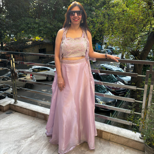 Pale Pink Embellished Shimmer Organza Lehenga Cape Set