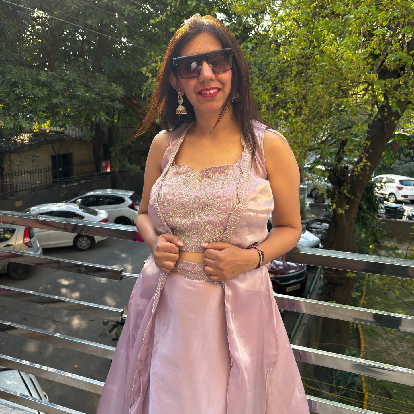 Pale Pink Embellished Shimmer Organza Lehenga Cape Set