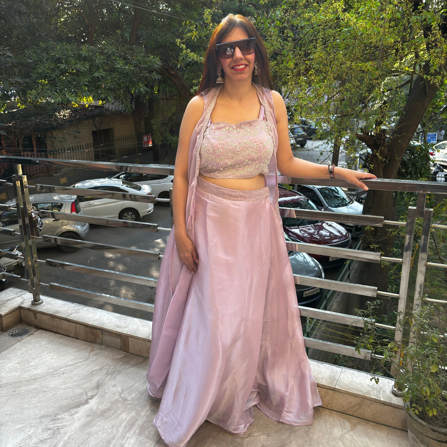 Pale Pink Embellished Shimmer Organza Lehenga Cape Set