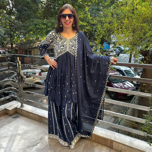 Baani Navy Blue Thread Detailing Sharara Suit
