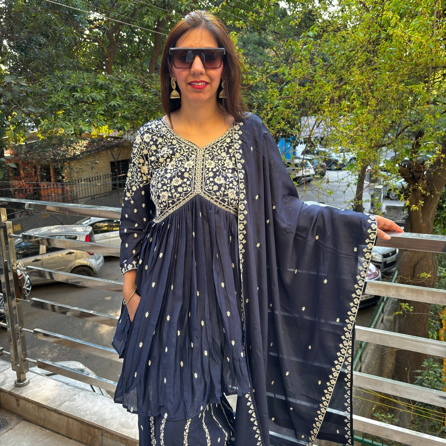 Baani Navy Blue Thread Detailing Sharara Suit