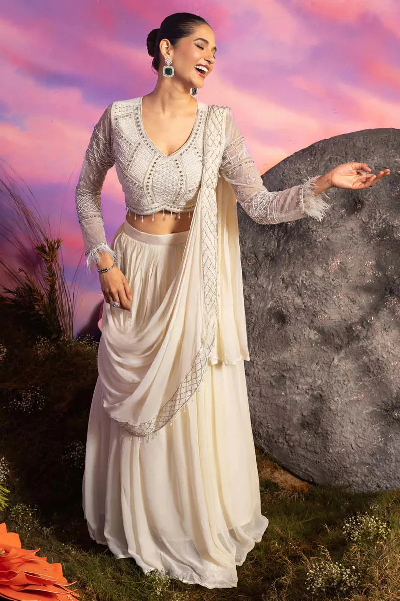 Ivory-Embellished Draped Lehenga Set