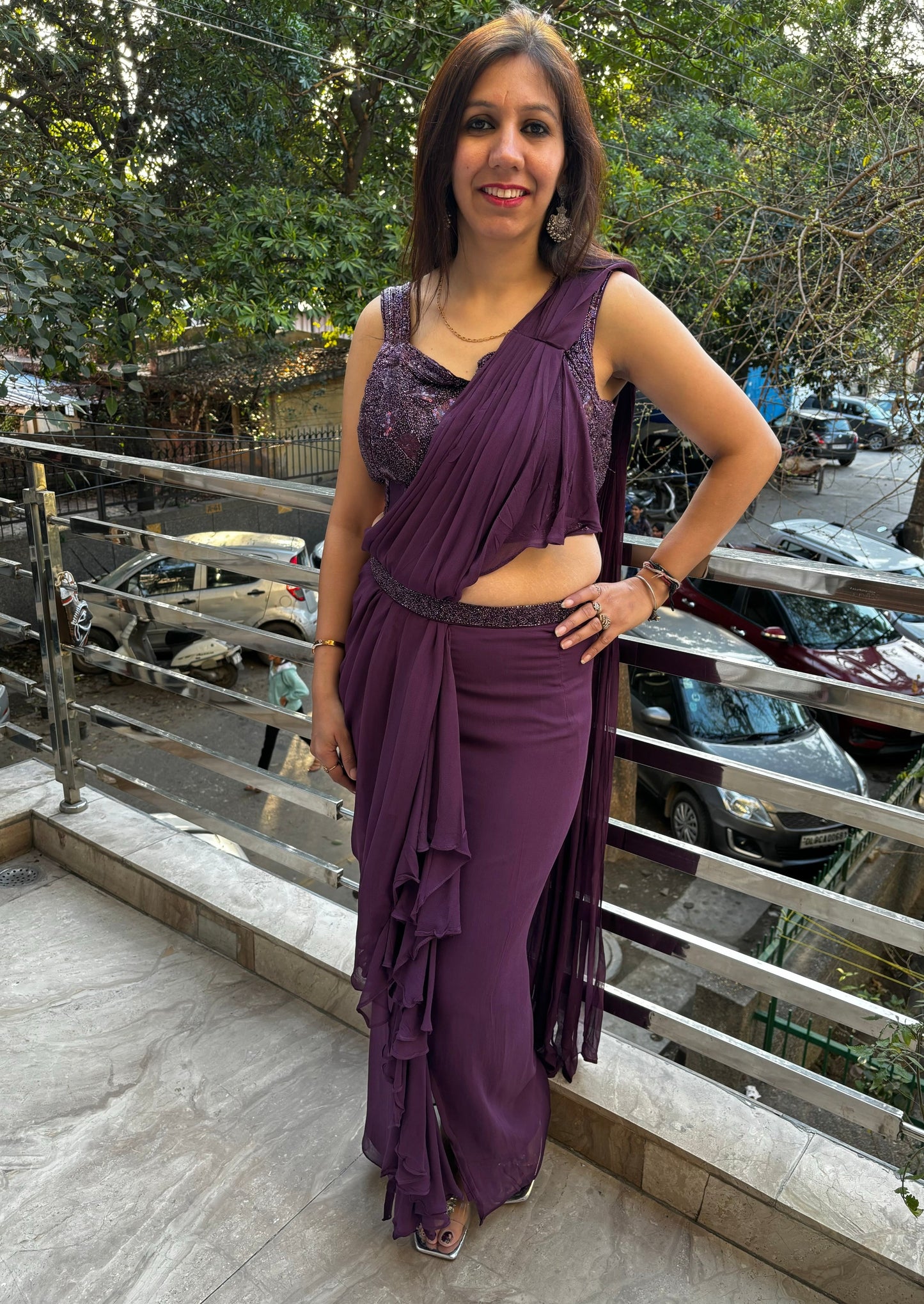 Gazal Purple Drape Saree with Side Cut