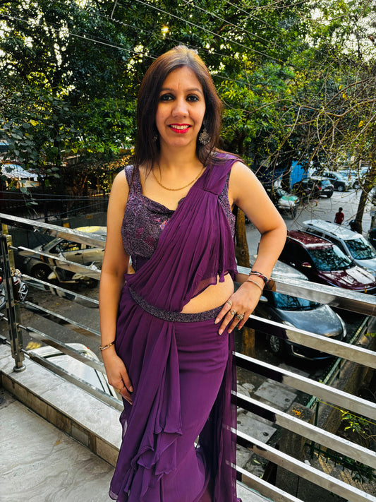 Gazal Purple Drape Saree with Side Cut