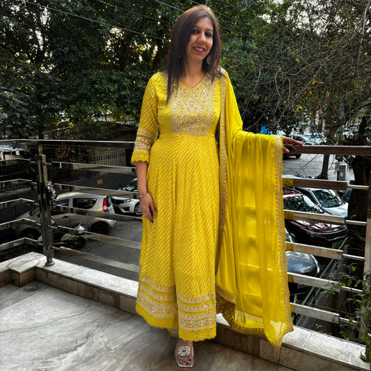 Mustard Leheriya Anarkali Suit Set