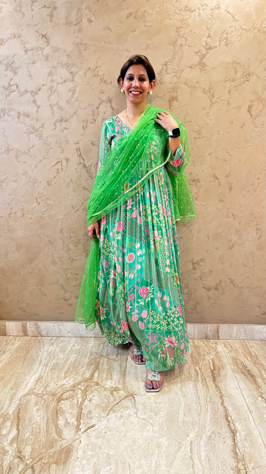 Green Ethnic Printed Anarkali With Dupatta