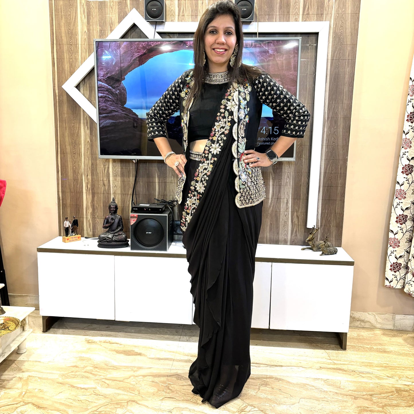 Noir Luxe: Black Pre-Draped Saree & Embellished Jacket Set