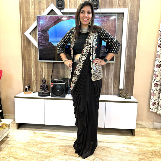 Noir Luxe: Black Pre-Draped Saree & Embellished Jacket Set