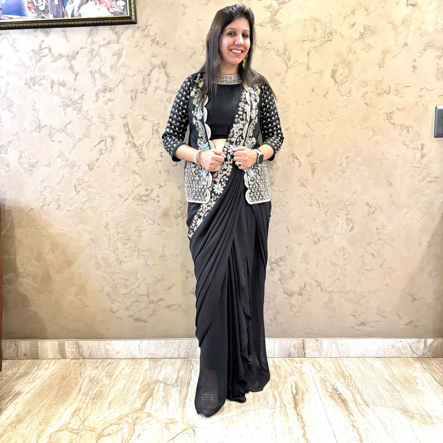 Noir Luxe: Black Pre-Draped Saree & Embellished Jacket Set