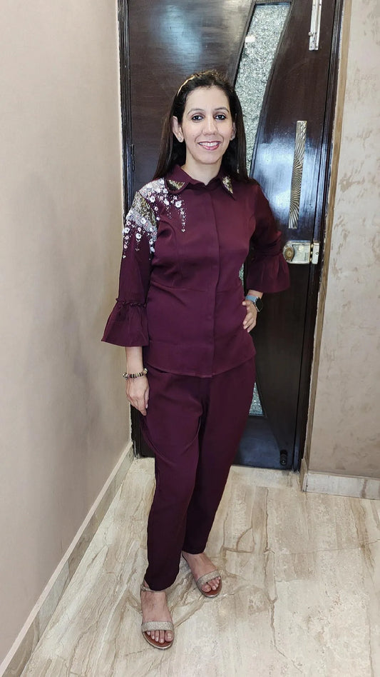 Wine Shoulder Hand Embroidered Co-ord Set