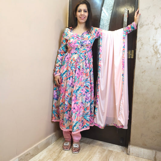 Multi Print Padded Chinnon Anarakali Suit