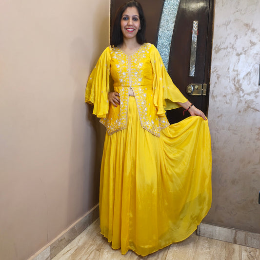 Chinnon Yellow Indo western Top with Skirt