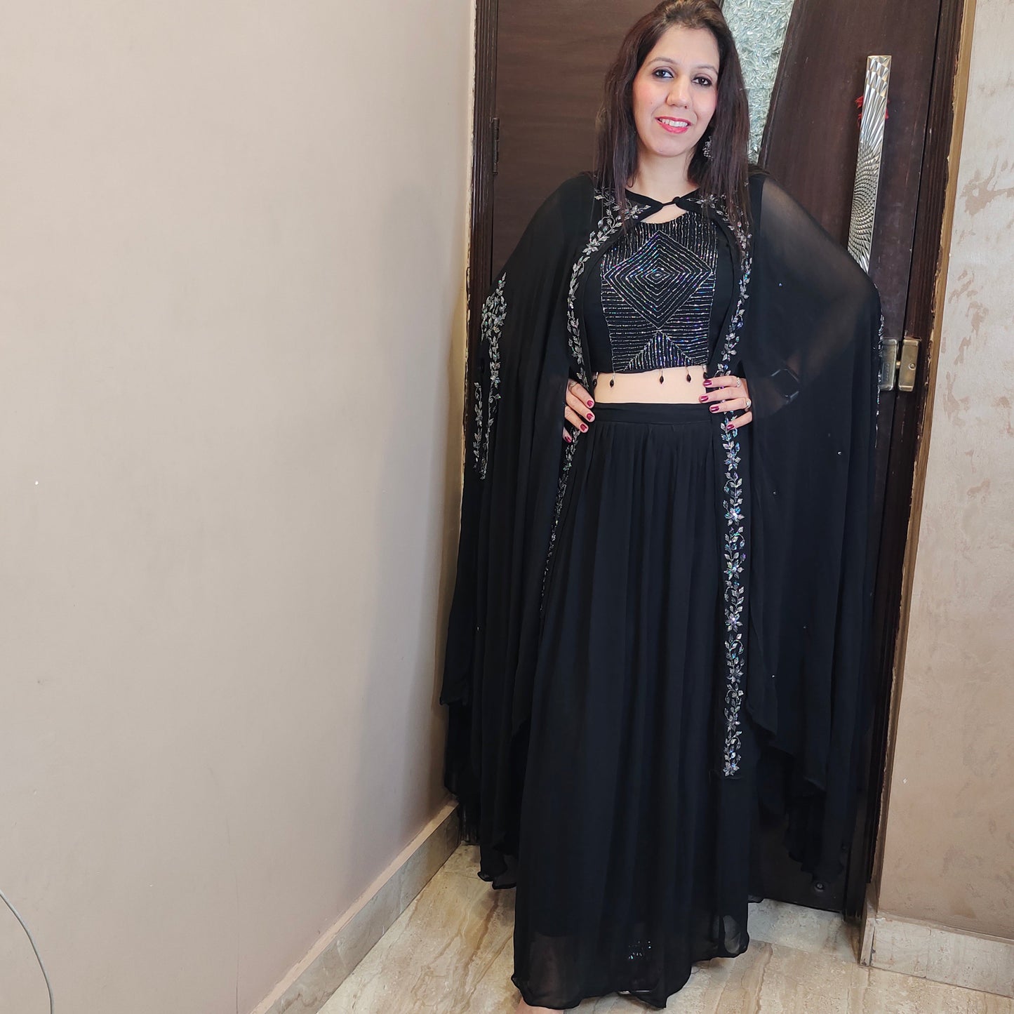 Black Crop Top Skirt with Kaftaan Jacket