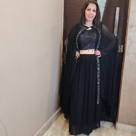 Black Crop Top Skirt with Kaftaan Jacket