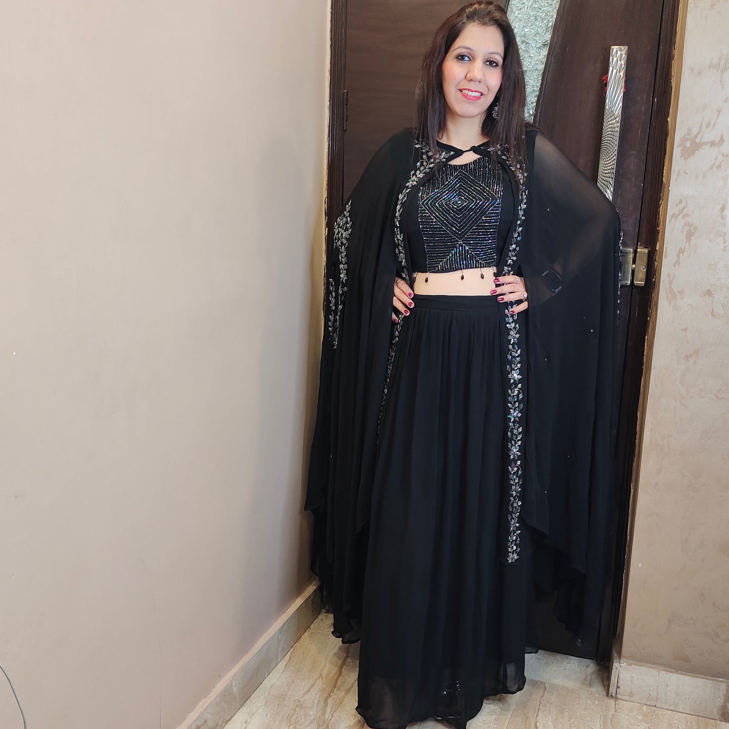 Black Crop Top Skirt with Kaftaan Jacket