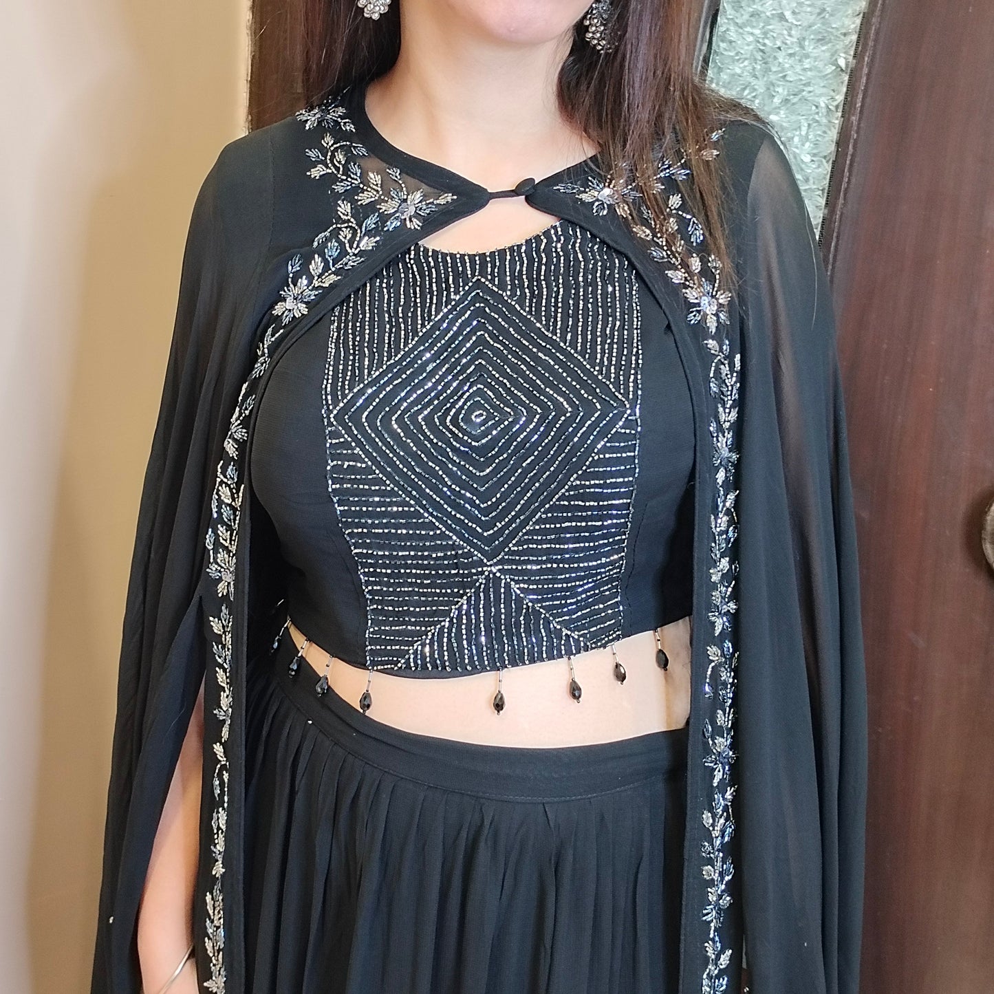 Black Crop Top Skirt with Kaftaan Jacket