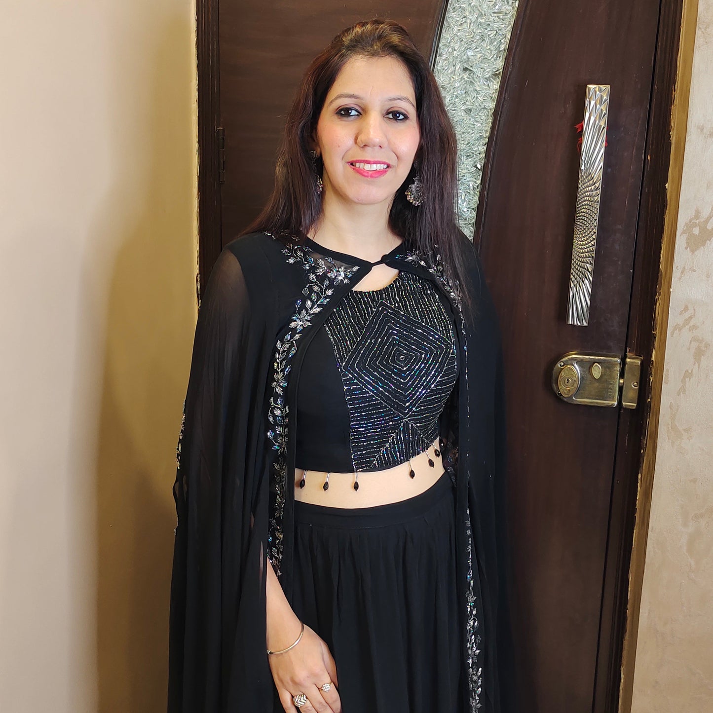 Black Crop Top Skirt with Kaftaan Jacket