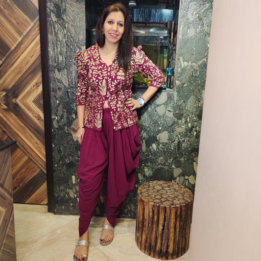 Wine Indo-Western Top with Tulip Pants