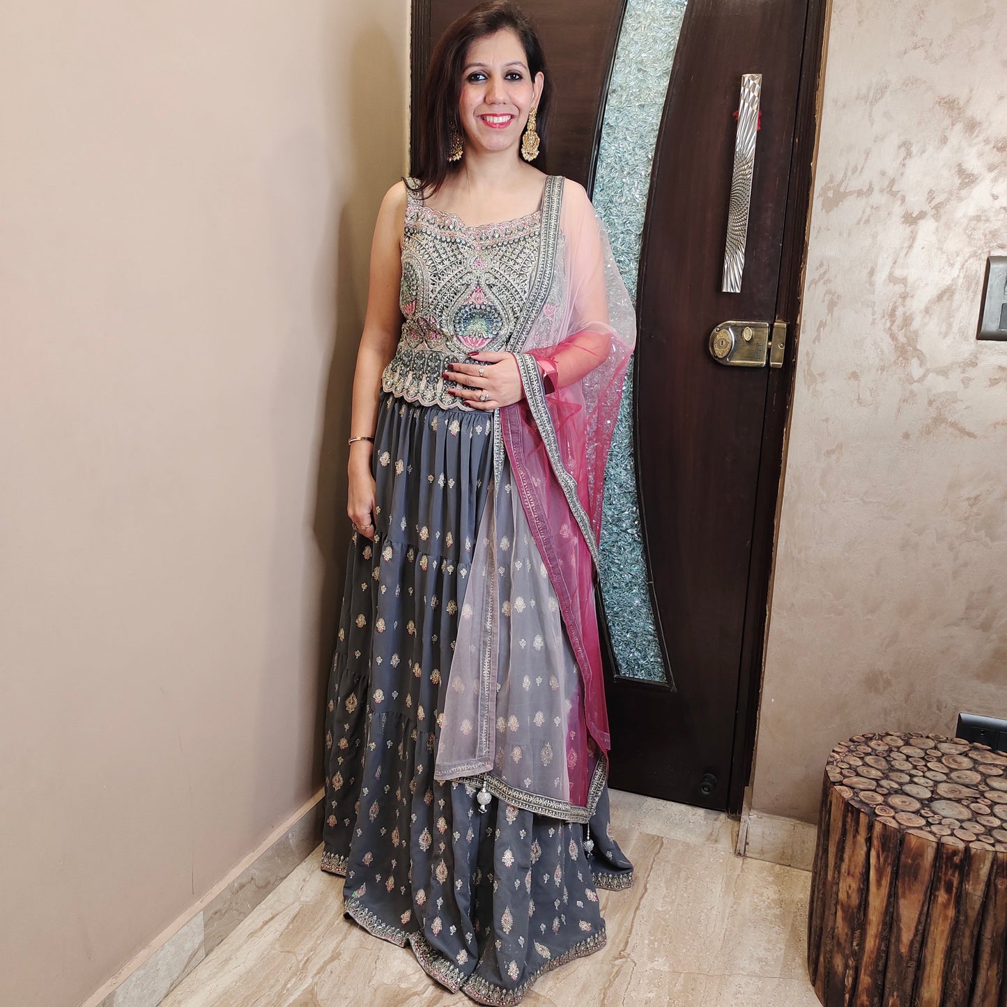 Nargis Embroidered Peplum Top with Skirt
