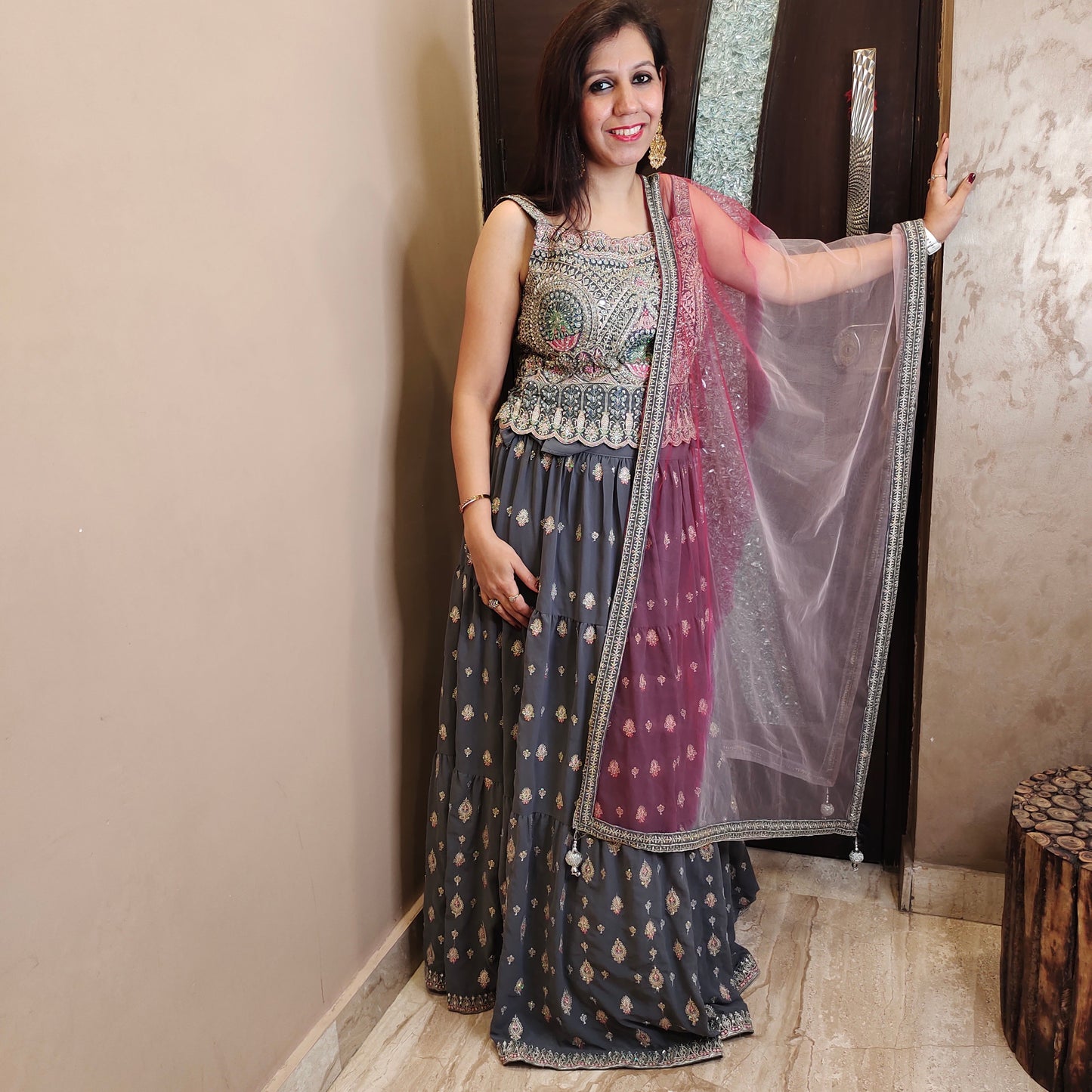 Nargis Embroidered Peplum Top with Skirt