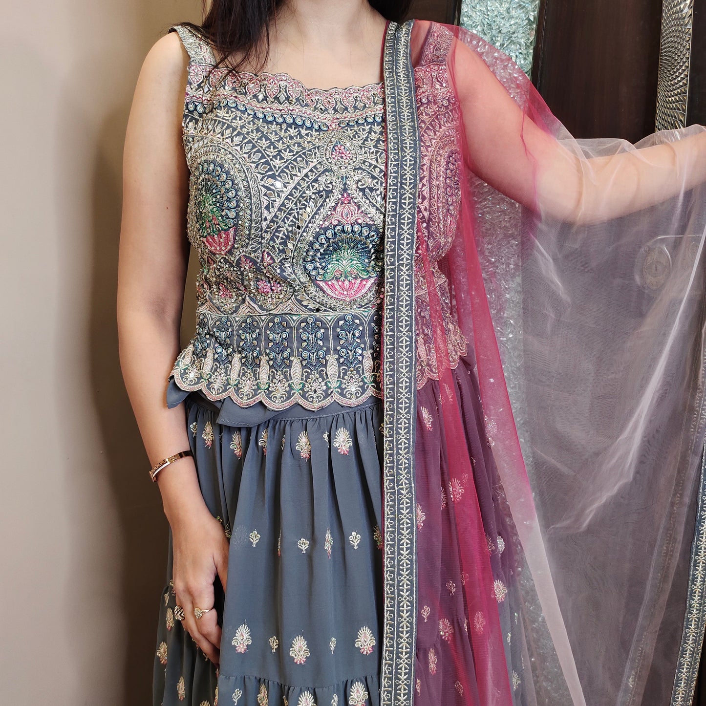 Nargis Embroidered Peplum Top with Skirt