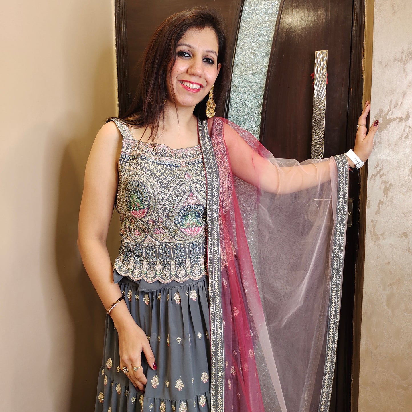 Nargis Embroidered Peplum Top with Skirt