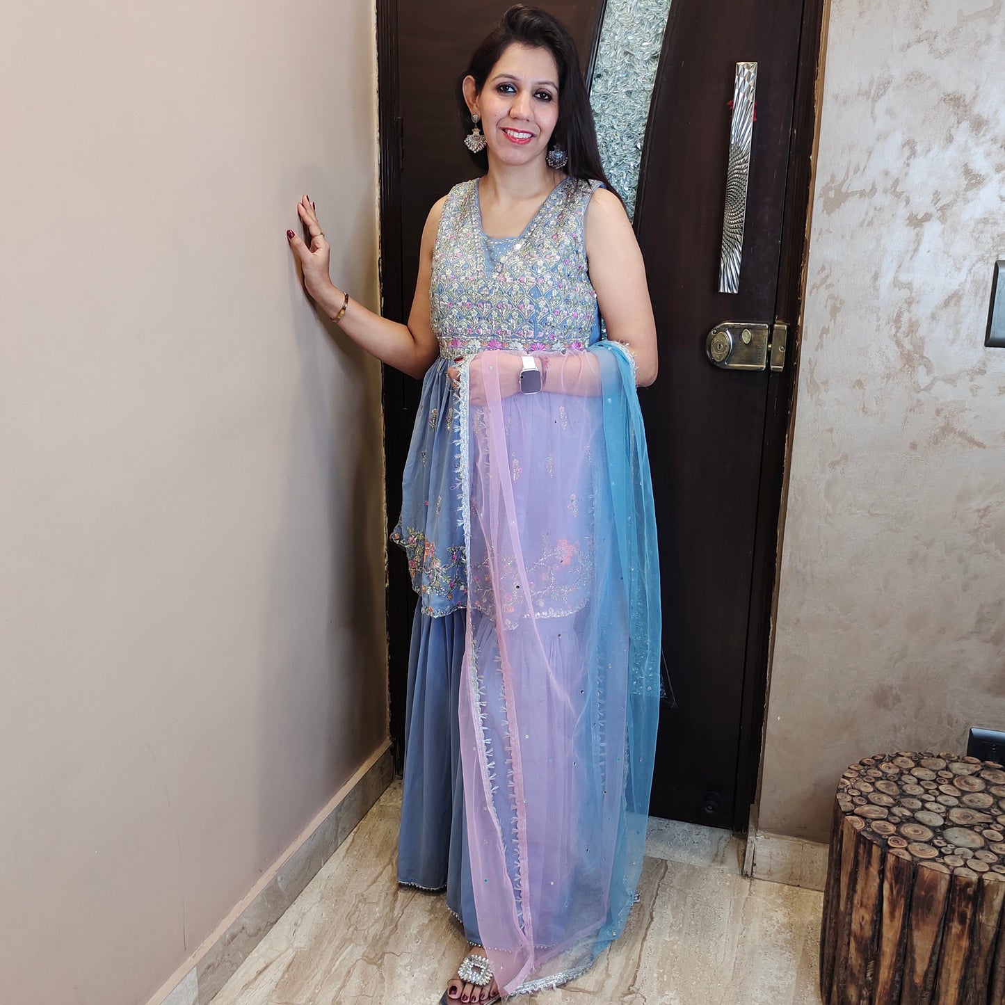 Embroidered Peplum Top with Sharara