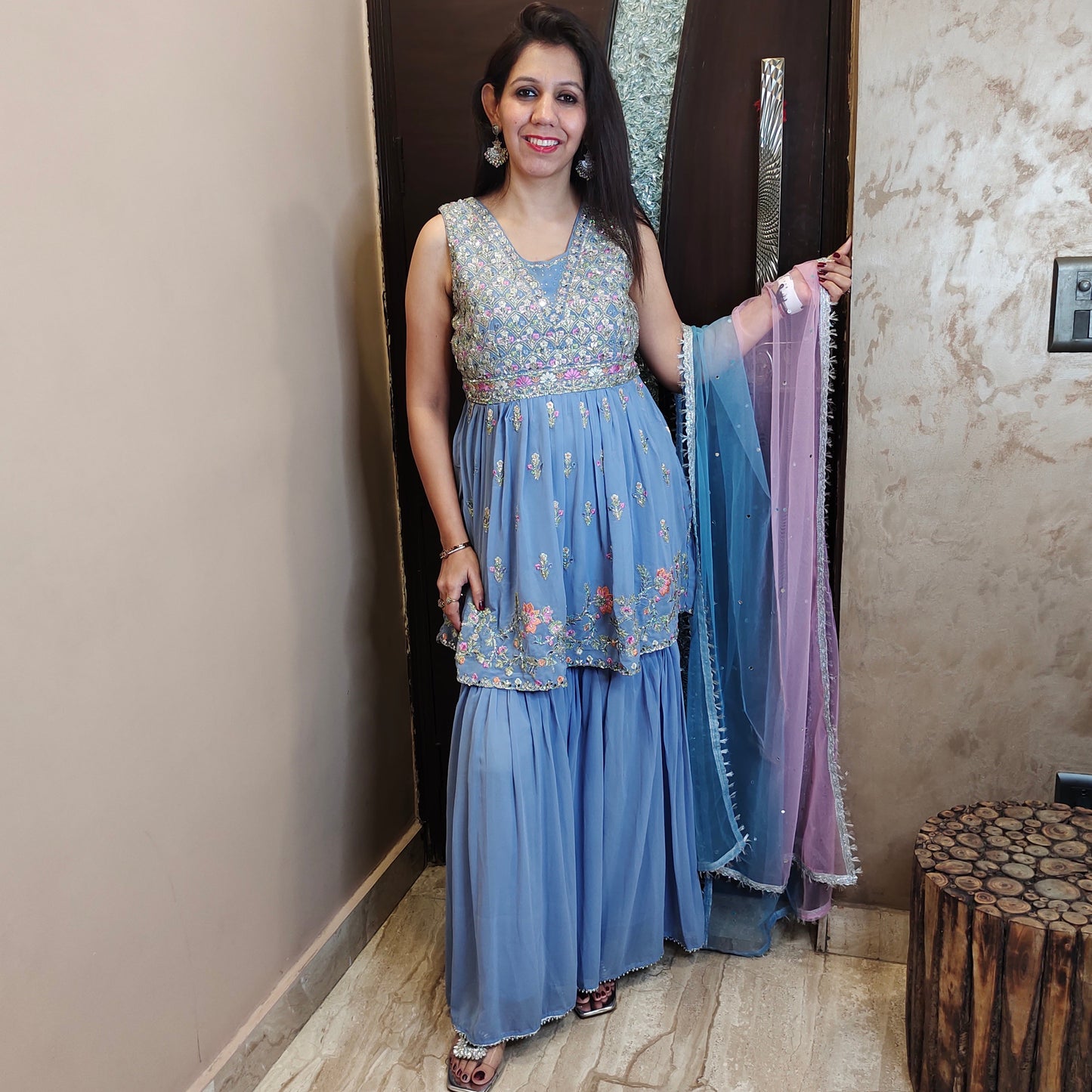 Embroidered Peplum Top with Sharara