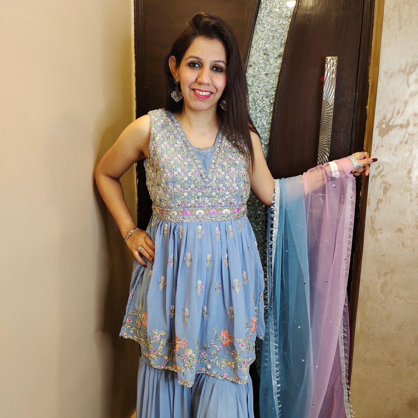 Embroidered Peplum Top with Sharara