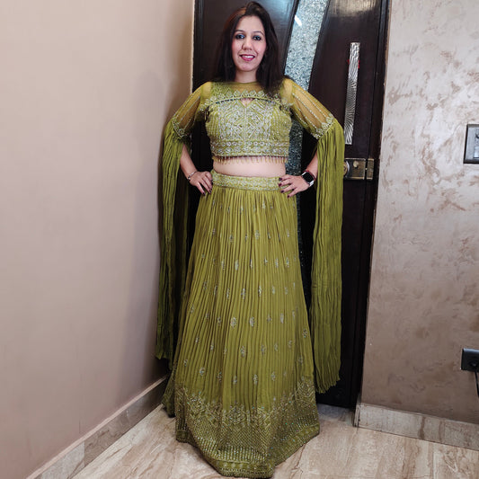Mehendi Green Crop Top Skirt with Detachable Jacket
