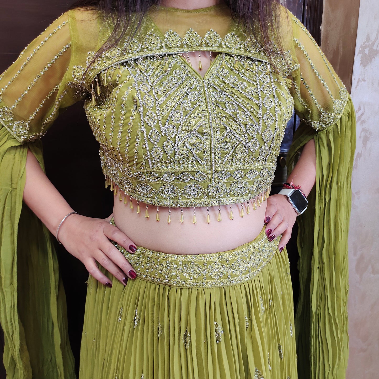 Mehendi Green Crop Top Skirt with Detachable Jacket