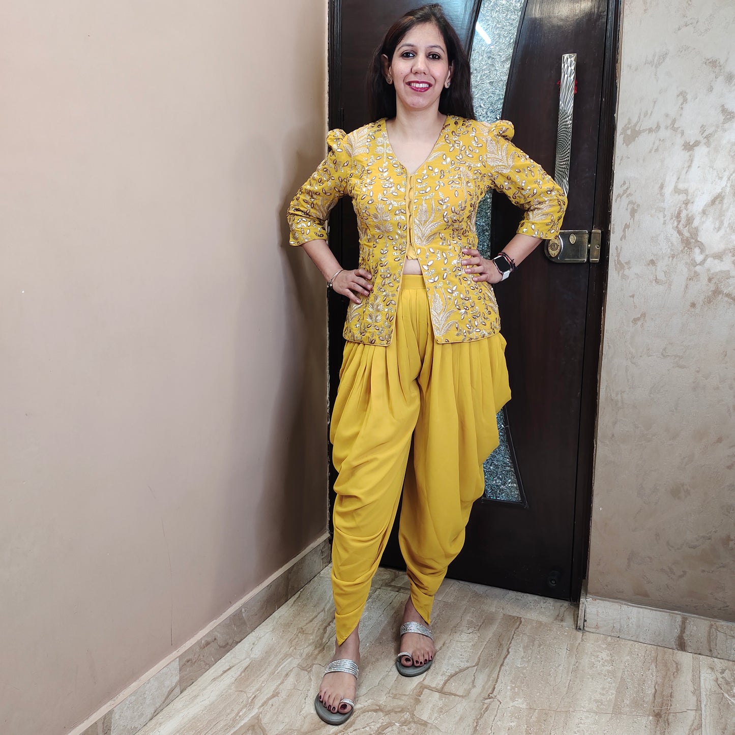Yellow Indo-Western Top with Tulip Pants