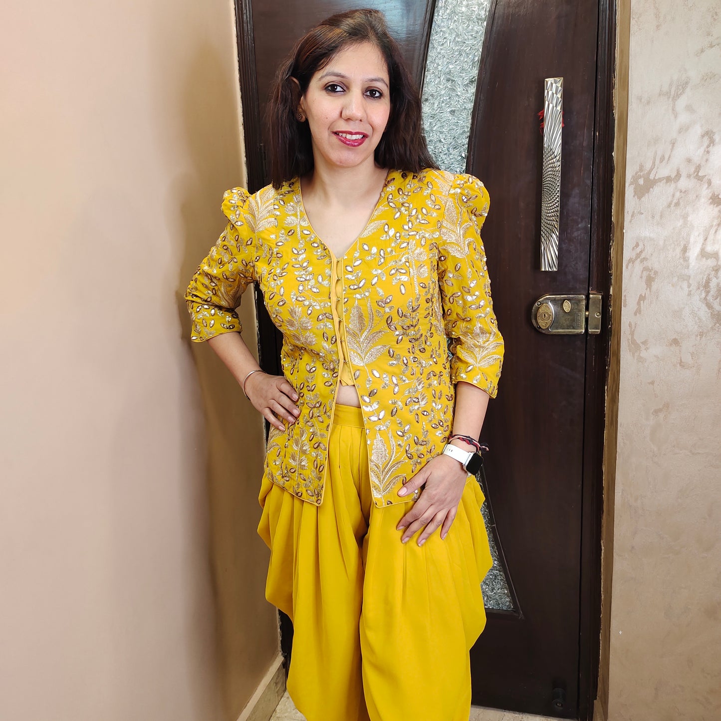 Yellow Indo-Western Top with Tulip Pants