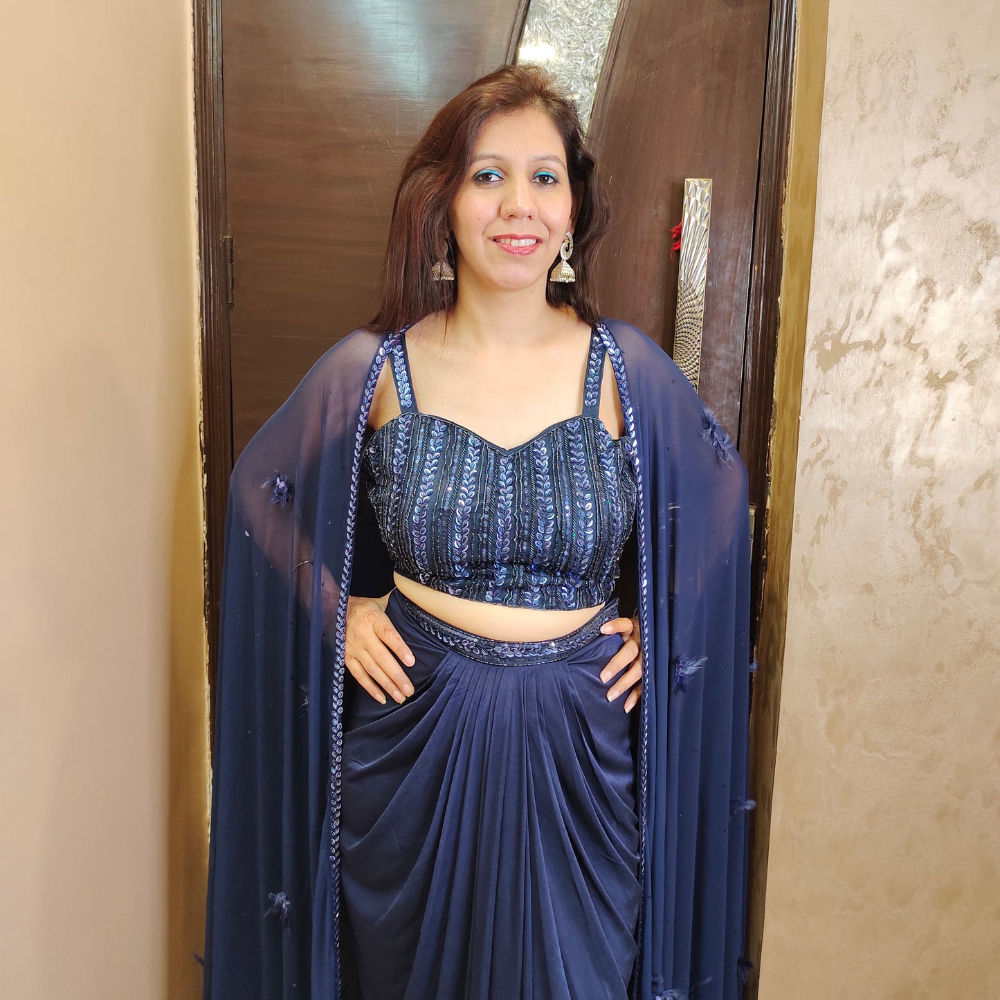 Dazzling Cape Set Blue Pleated Skirt