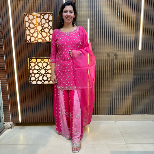 Fuchsia Dream: Embroidered Kurta with Ombre Sharara