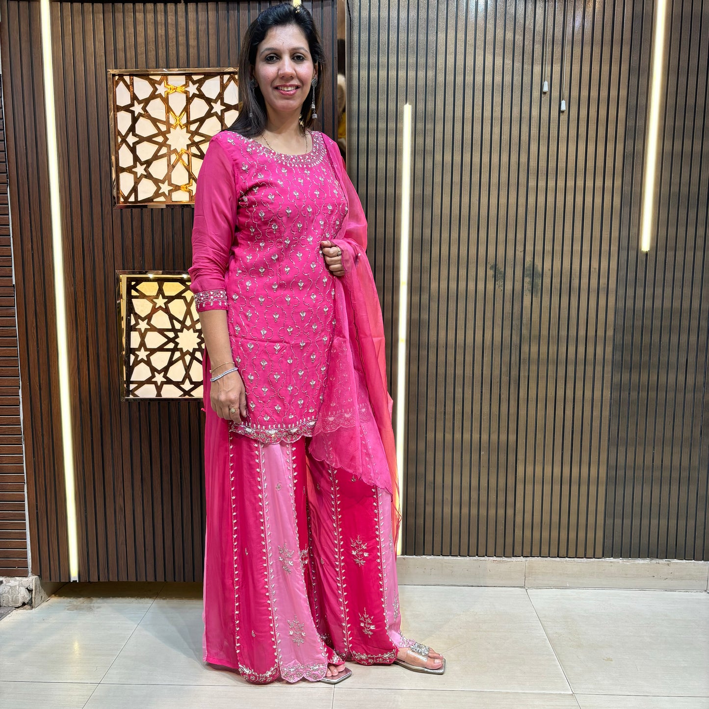 Fuchsia Dream: Embroidered Kurta with Ombre Sharara
