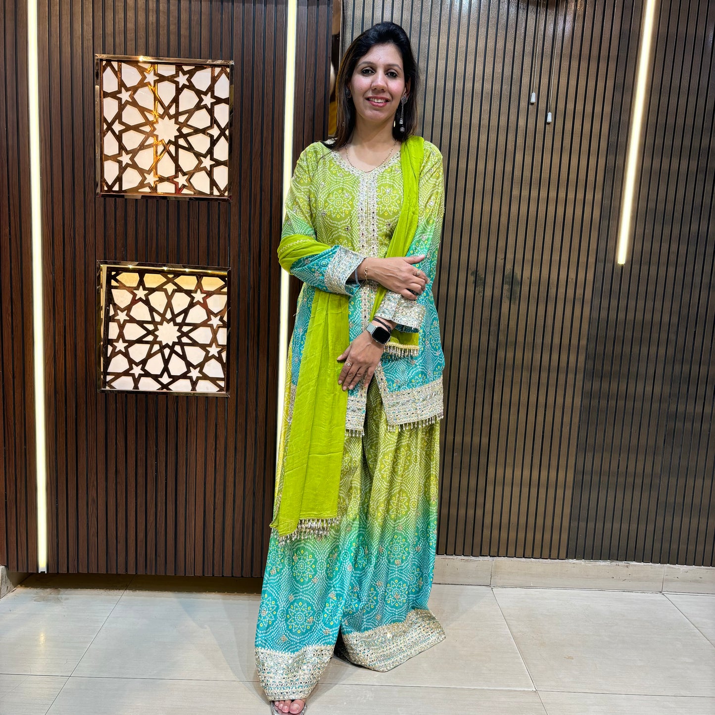 Bandhej Ombre Print Kurta with Flared Palazzo Set