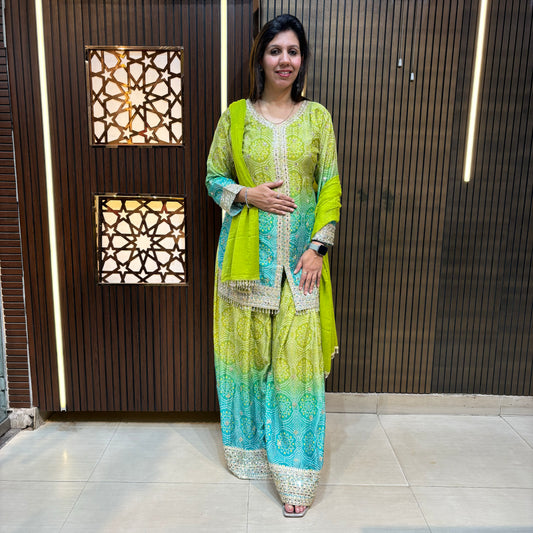 Bandhej Ombre Print Kurta with Flared Palazzo Set