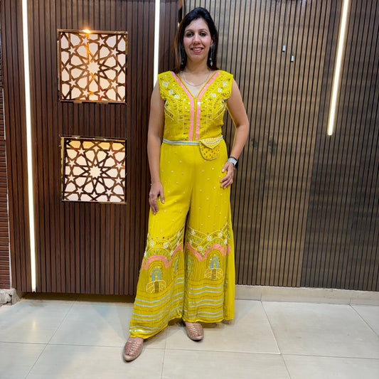 Golden Bloom Hand-Embroidered Yellow Jumpsuit